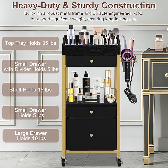 Large Makeup Cart with Detachable Hair Tool Organizer, Floor Makeup Organizer with 3 Drawers and Wheels, Cosmetic Display Cases Holder for Skin Care Perfume Nail Polish,Modern Gold & Black