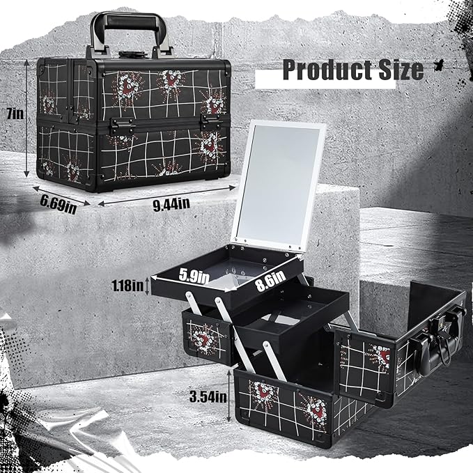 Joligrace Makeup Train Case Portable Makeup Case Organizer 2 Trays Cosmetic Box Storage with Mirror Lockable with Key for Cosmetics Nail Tech Traveling Makeup Travel Box Punk Love Hearts