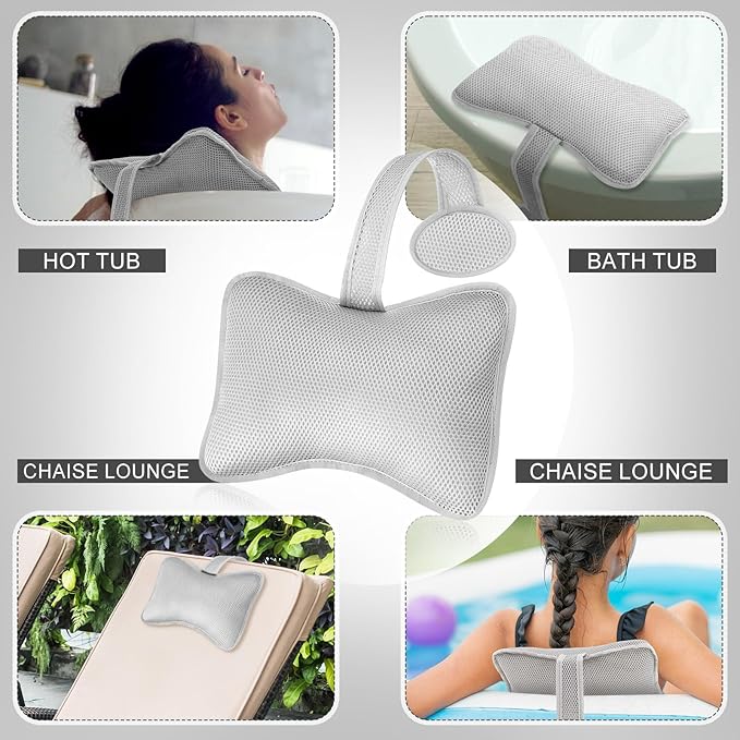 4 Pcs Hot Tub Spa Pillows for Outdoor Indoor Inflatable Bathtub 10.62 x 8.26 Inch Universal Hot Tub Accessories Patio Lounge Chair Headrest Neck Support with Adjustable Hook for Spa Bathtub (Grey)