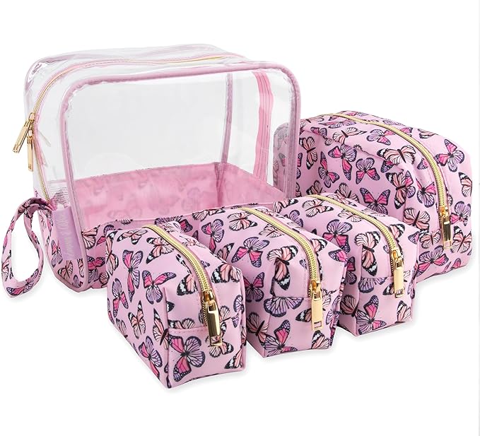 Emma & Chloe Travel Toiletry Bags for Women, 5 Piece Waterproof Cosmetic Case, Bag, Pouch Makeup Organizer Set for Women, Home Counters (Fluttering Pink Butterflies)