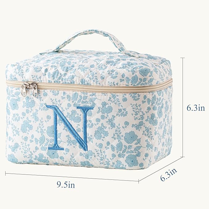 HBselect Initial Quilted Makeup Bag, Cotton Large Travel Makeup Bag, Cute Floral Coquette Make up Bag Cosmetic Bag Toiletry Bag for Women Girls N