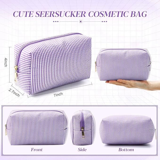 Sanwuta 6 Pcs Seersucker Cosmetic Bags Bulk Seersucker Makeup Bags Stripe Women Pouch Large Preppy Storage Pouch Toiletry Travel Organizer for Wedding Bridesmaid Bride Favor Mom Gift (Purple)