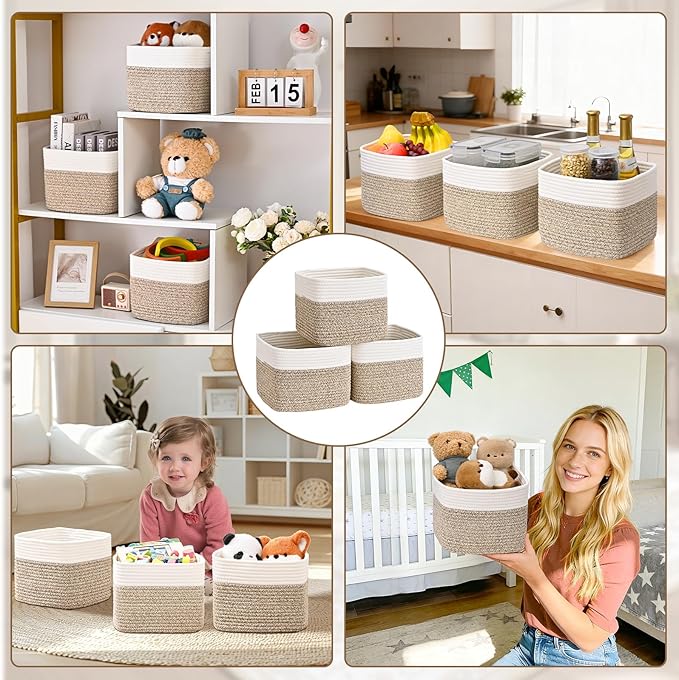3 Pack Cube Storage Bin, 9”x9”x7” Cotton Rope Woven Baskets for Organizing Toys Clothes Towels, Square Gift Storage Baskets for Shelf, Nursery, Closet, Bathroom, Pantry (White & Jute)