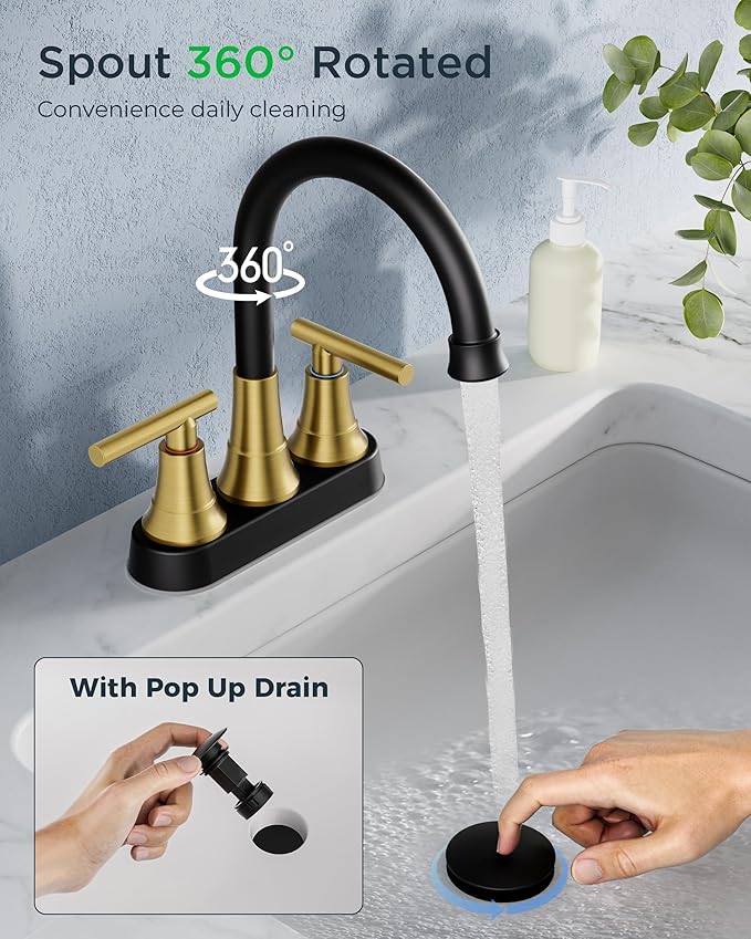 FORIOUS Black and Gold Bathroom Faucets, 4 Inch Centerset Bathroom Sink Faucet 2 or 3 Hole with Pop up Drain and cUPC Hose, Two Handles Control, 360° spout for Restroom,Vanity, RV