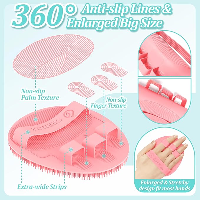 Silicone Bath Glove & Face Scrubber Set 2PCS, 360° Anti-Slip & Hand-fit Body Scrubber for Rich Foaming Deep Cleaning, Unique Facial Scrubber with Side-bristles for Contoured Areas.(Pink)
