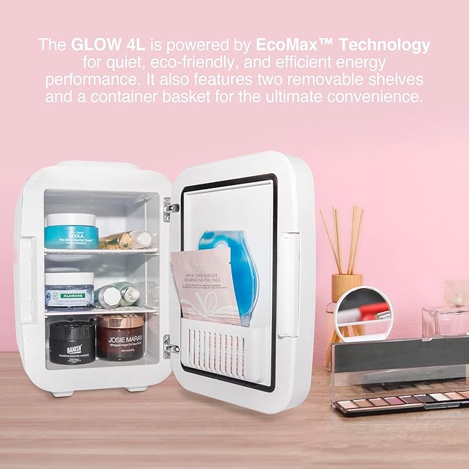 Cooluli Glow 4L Mini Skincare Fridge with Mirror & LED Light - Small Refrigerator for Skin Care, Makeup, Food & Drinks - Portable Mini Fridge for Bedroom & Office, 100-240V, White Mirror LED