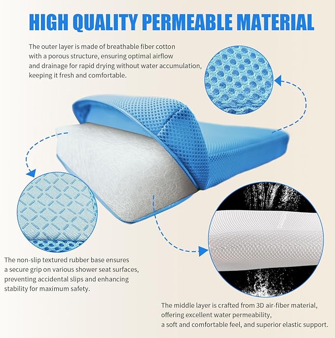 Shower Seat Cushion,Thickened Shower Chair Cushion 4D Air Fiber Material,Machine Washable and Fast Drying Suitable for Shower Seats Bathtub Baths, Poolside & Rest Dressing Room Seats，Blue