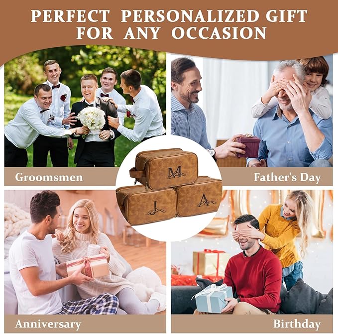 Janhavi Large Personalized Makeup Bag Travel size Toiletries Bag Waterproof, Groomsmen Gifts, Laser Engraved Initials & Mountain, Travel Bags for Men, Customized Gifts for Men (Brown W)