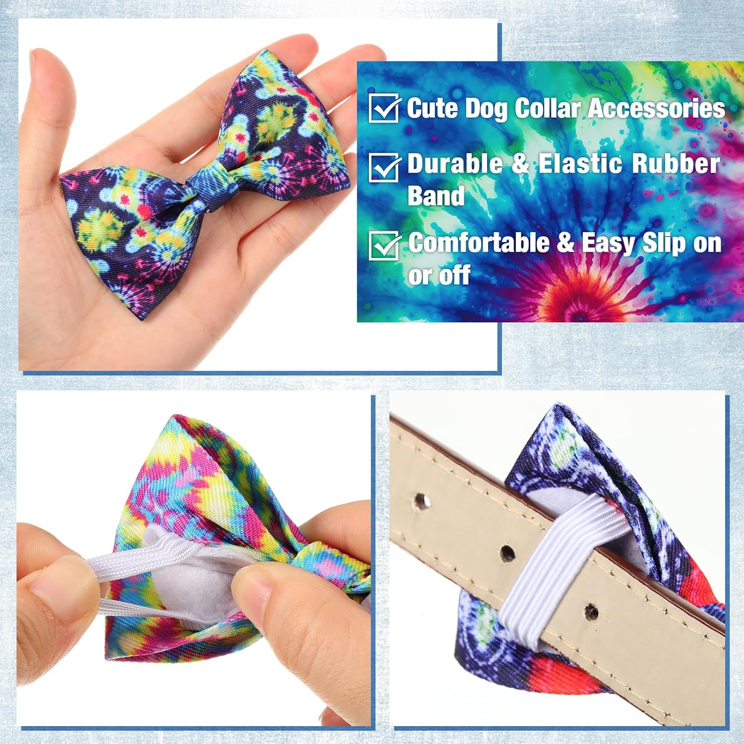 Reginary 50 Pieces Dog Bow Ties Pet Collar Bow Puppy Collar Attachment with Rubber Bands for Small Medium Cat Pet Grooming Charms Accessories Wedding Birthday Occasion(Tie Dye Style)