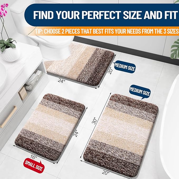 OLANLY Bathroom Rug Set 2 Piece, Soft Absorbent Microfiber Bath Rug Set, Non-Slip, Machine Wash Dry, Plush Shaggy Bath Mats for Bathroom (30"x20"+24"x16", Brown)