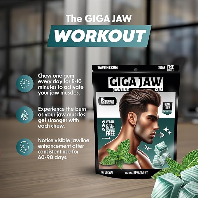 GigaJaw Jawline Gum - 15X Hardness for Effective Facial Exercise- Mewing Jaw Gum | Mint Flavor | Sugar-Free, Calorie-Free | Pack of 30 Pieces