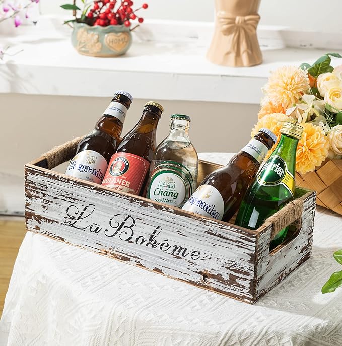 TIMRIS Farmhouse Distressed Wooden Storage Box, Rustic Bathroom Decor Box, Decorative Toilet Tank Basket, Vintage Countertop Organizer Box with Handles (Distressed White)