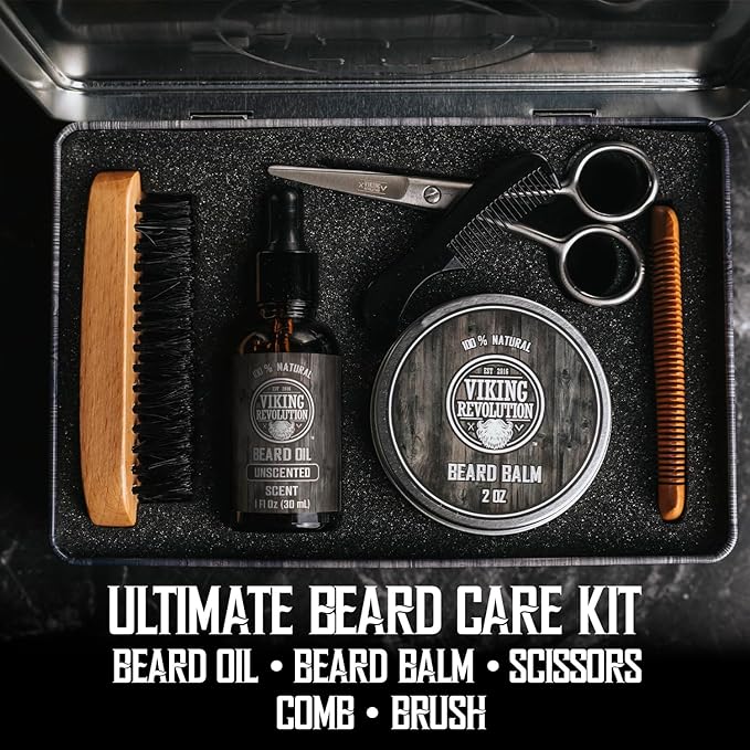 Viking Revolution - Ultimate Beard Kit - Beard Grooming Kit with Beard Brush, Beard Comb, Beard Balm, Beard Oil, Beard & Moustache Scissors - Gifts for Men