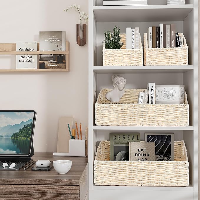Ollieroo Rattan Storage Baskets, Handwoven Wicker Storage Bins with Built-in Handles, Storage Container Baskets for Shelves, Bedroom, Bathroom, Laundry Room or Kitchen(Beige)