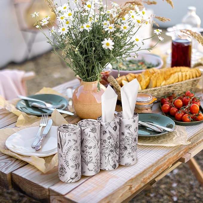 Zonon 4 Pcs Vintage Floral Car Tissue Cylinder with 240 Sheets 3 Ply Facial Tissue Bulk Round Tissues Holder Box Travel Tubes for Car Cup Holder Round Container