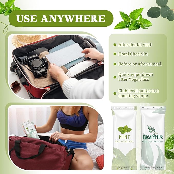 Timgle 50 Pcs Moist Towelettes Individually Wrapped Scented Disposable Face Towels Essential Oil Infused Moist Terry Cotton Towel for Use Hot or Cold Travel Body Spa(Mint, Eucalyptus Leaves)