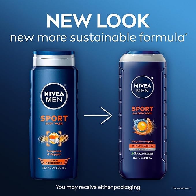 NIVEA Men Sport Body Wash with Revitalizing Minerals, Tangerine and Pepper Scent, 3-in-1 Men's Body Wash, Face and Hair, Paraben Free, Vegan Formula, 16.9 Fl Oz Bottle