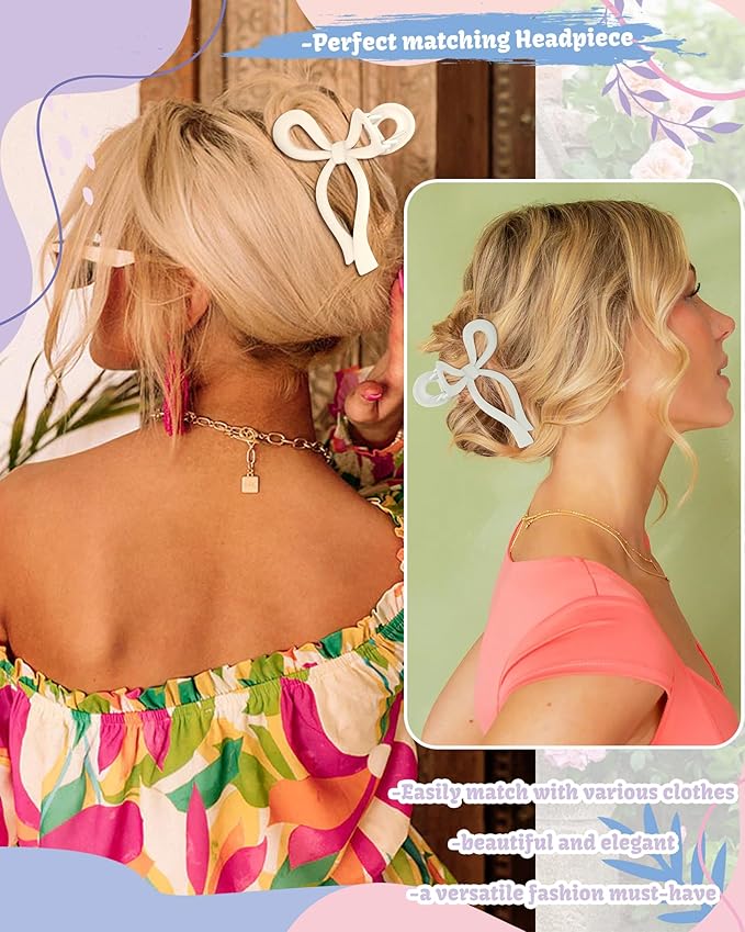 4 PCS Bow Hair Clips Bow Claw Clip for Women Nonslip Large Hair Claw Clips for Thin and Thick Hair Strong Hold Hair Bows (Purple+Rose red+Orange+Light brown)
