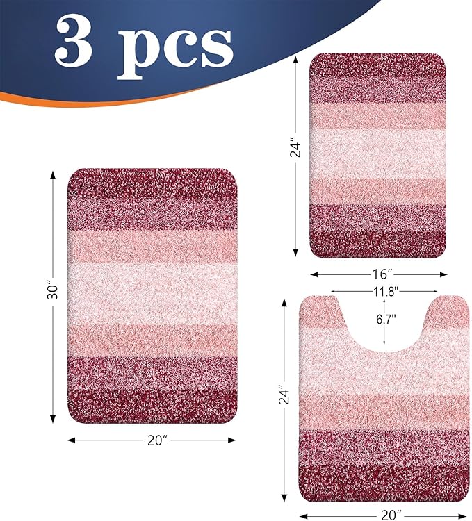 OLANLY Bathroom Rugs Sets 3 Piece, Soft Absorbent Microfiber Bath Mats and U-Shaped Contour Toilet Rug, Plush Shaggy Bath Mat Set for Bathroom (30"x20"+24"x16"+24"x20", Red)