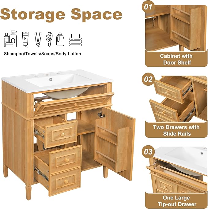 Harper & Bright Designs 30" Bathroom Vanity with Sink, Free Standing Single Basin Vanity Set with Tip-Out Drawer, 2 Drawers, and 2 Doors, Wood Bathroom Cabinet with Ceramic Basin for Bathroom, Wood
