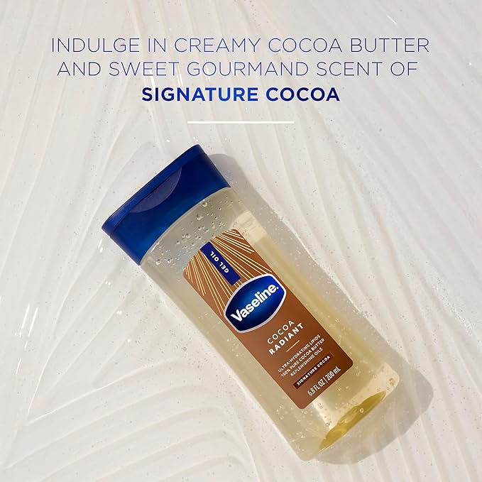 Vaseline Intensive Care Cocoa Radiant Pack of 3 for Glowing Skin Body Gel Oil Made with Pure Cocoa Butter + Replenishing Oils 6.8 oz