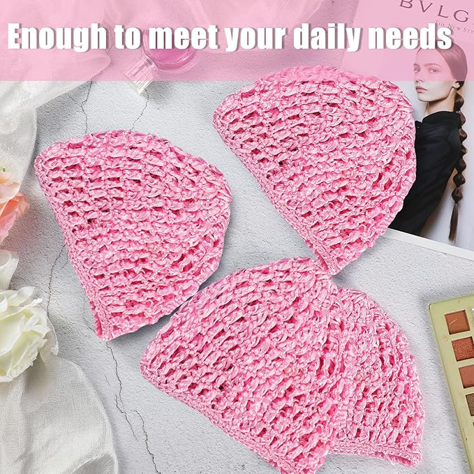 Geyoga 4 Pieces Mesh Crochet Hair Net Rayon Knit Snood Hat Thick Short Women Hairnet Snoods Cover Ornament for Sleeping (Pink)