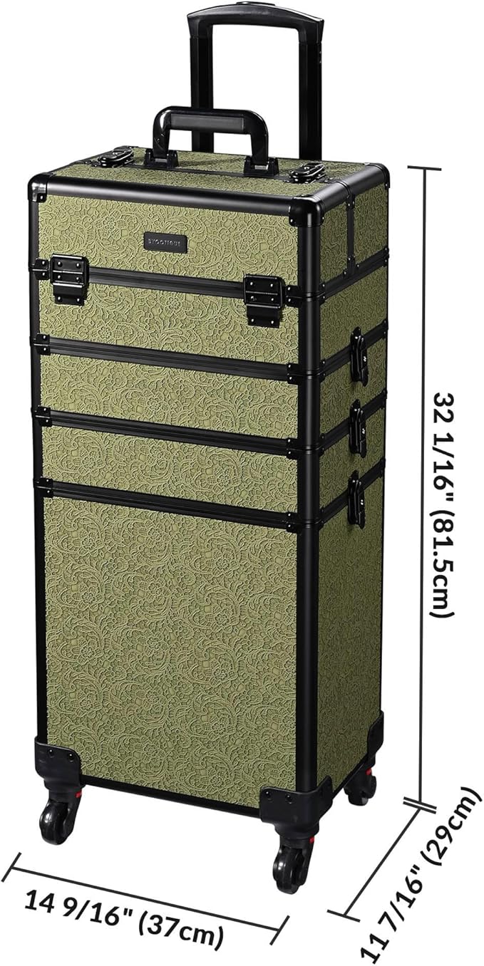 BYOOTIQUE Cosmetology Cases on Wheels Rolling Makeup Organizer Cart 3-Piece Professional Nail Tech Storage Kit for Nail Artist Barber Salon Hairstylist,Rococo Moss