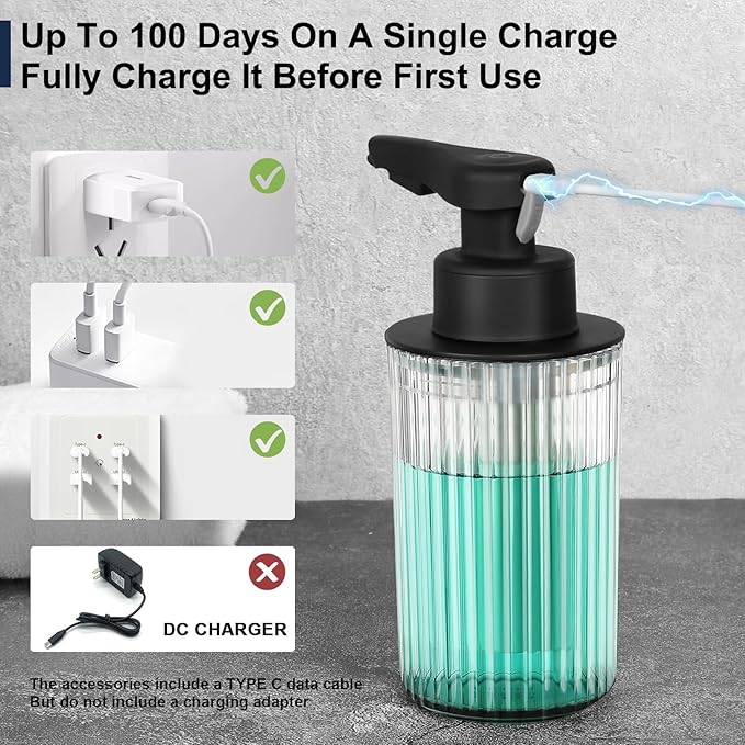 Automatic Soap Dispenser Foaming Touchless: 9oz Black Plastic - Rechargeable Electric Smart Auto Foam Soap Dispenser - Hand Dish Bathroom Kitchen