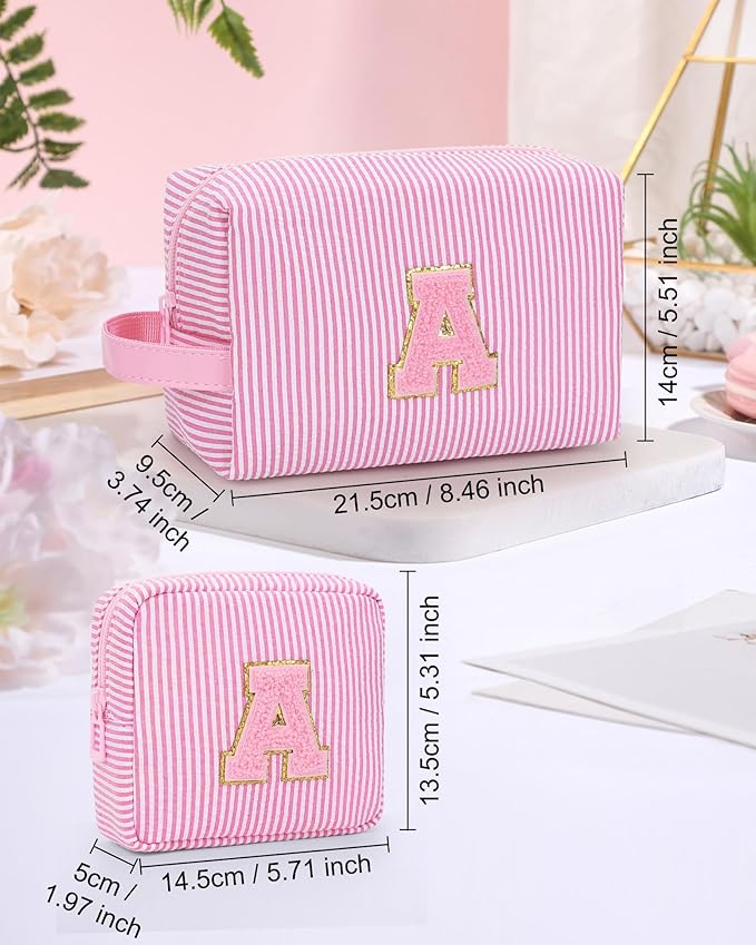 MONSTINA Preppy Chenille Makeup Bag|Personalized Initial Bags with Zipper,Cute Makeup Pouch Stripe Cosmetic Bag,Birthday Gift for Daughter|Preppy Things for Girls,2PCS Pink Q