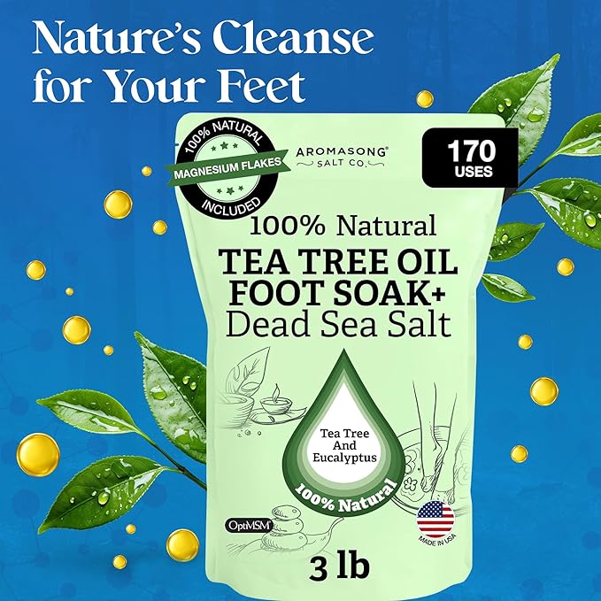 Aromasong Tea Tree Foot Soak with Magnesium Flakes and Dead Sea Foot Soaking Salts - Pedicure Tea Tree oil foot Soak for Dry Cracked Feet-Athlete's Callus Remover- Eliminates Odor- Packaging may vary