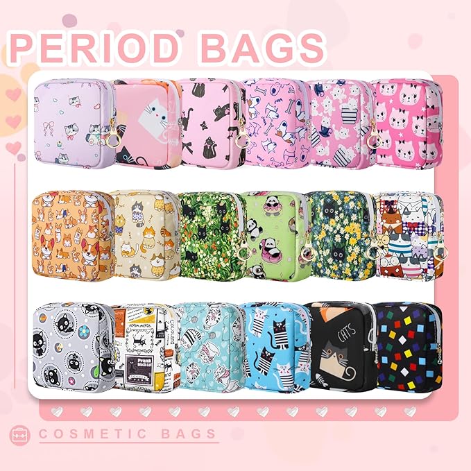 Tampon Holder for Purse, Canvas Period Bag Sanitary Napkin Storage Bag for Girls Womens, Portable Feminine Emergency Pad Period Pouch(Teacup White Cat)