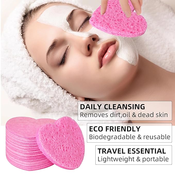 Women 120-Count Compressed Cellulose Heart Shape Face Facial Sponges 100% Natural Cosmetic Sponges for Facial Cleansing Exfoliating Mask Skin Massage (（Pink） 120 Count)