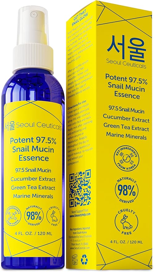 SeoulCeuticals Korean Face Mist 97.5% Snail Mucin Essence - K Beauty Skincare Facial Spray - Cucumber Extract + Marine Minerals + Green Tea + Aloe 4oz