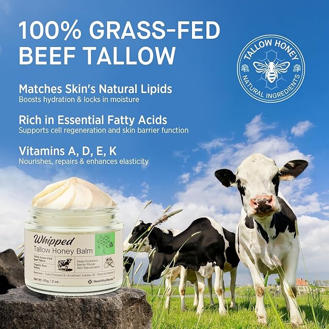 Beef Tallow Honey Balm for Skin: 100% Grass Fed Whipped Organic Moisturizer with Organic Raw Honey, Jojoba Oil, Vitamin E – Natural Face and Body Care for Mature, Dry or Sensitive Skin, 4oz