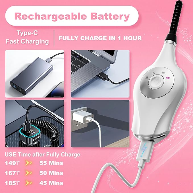 Heated Eyelash Curler, 3 in 1 Heated Lash Curlers Electric Lash Curler Eyelash Curlers Heated for Women, 3 Heat Modes Makeup Tools with USB-C Rechargeable, 24H Curl