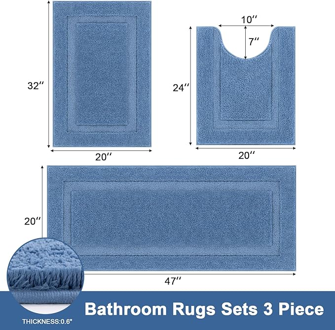 SHACOS Blue Bathroom Rugs Sets 3 Piece, 20"x47"+20"x32" Non Slip Bath Mat and 20"x24" Toilet Rugs U Shaped Washable, Soft Fluffy Water Absorbent Bathroom Floor Mat