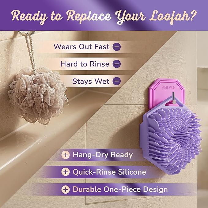 Silicone Body Scrubber – Gentle Exfoliating Shower Scrubber for Body & Bath, Silicone Shower Brush & Loofah Alternative – Non-Slip Silicone Body Brush, Quick Dry, Hygienic - Purple