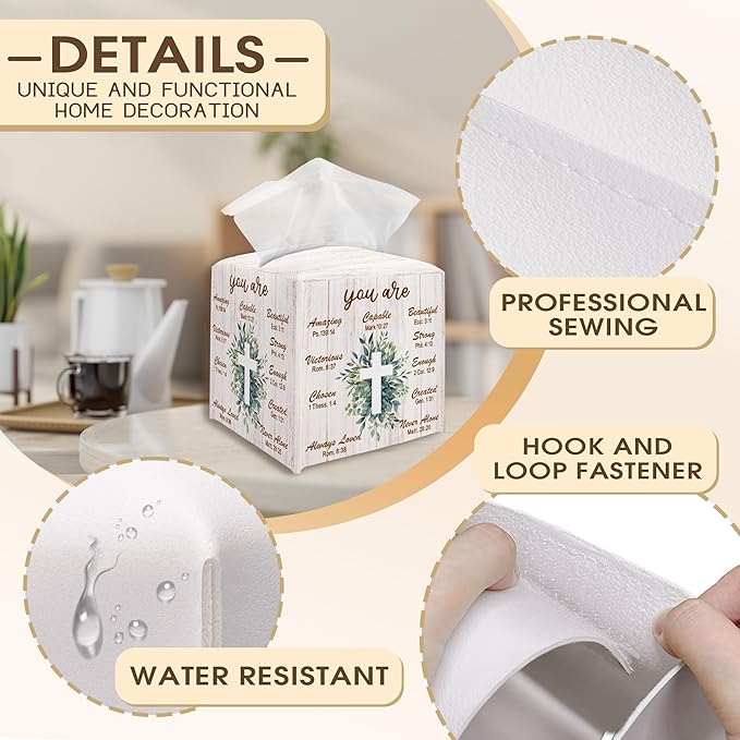 Bible Verse Decorative Tissue Box Cover Square, Leaves Tissue Box Cover Holder, Religious Faith Gift Ideas for Family Friends, Home Dining Table Decor-(5.2 Inches) A02