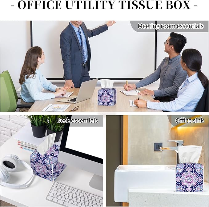 Boho Mandala Flower Tissue Box Cover Square,Indian Paisley Floral Tissue Box Holder Waterproof Leather Facial Paper Organizer Dispenser for Bathroom Home Car Nightstand Vanity Desk