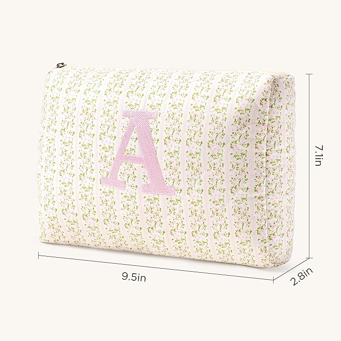 HBselect Initial Quilted Makeup Bag, Pink Cosmetic Travel Toiletry Bag, Flowers Coquette Zipper Make Up Pouch Organizer Teen Girl Gift Trendy Stuff A