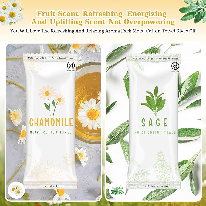 Timgle 50 Pcs Moist Towelettes Individually Wrapped Scented Disposable Face Towels Essential Oil Infused Moist Terry Cotton Towel for Use Hot or Cold Travel Body Spa(Sage, Chamomile)
