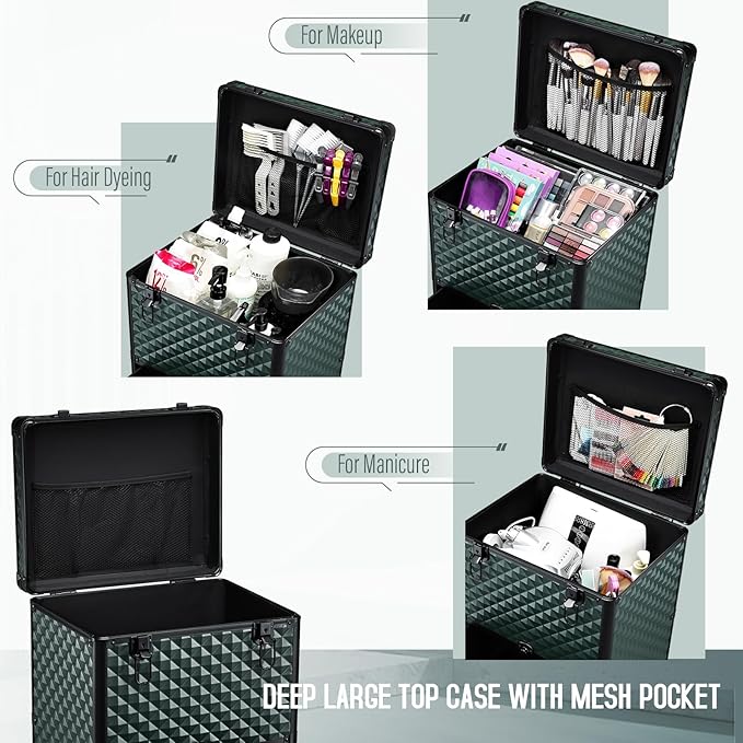 Nail Trolley Cart with 3 Drawers, Salon Station Cosmetology Case on Wheels Rolling Makeup Train Case Nail Case Organizer Beauty Salon Travel Case for Nailart,SPA,Hairstylist,Artist,Dark Green