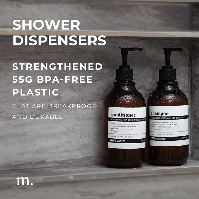 MaisoNovo Refillable Shampoo and Conditioner Bottles - 16.9 fl oz Set of 3 Amber Plastic Bottles Black Pumps