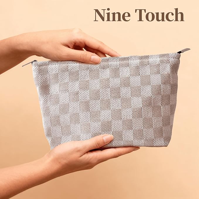 Khaki Checkered Makeup Bag for Women, Canvas Cosmetic Bag with Zipper Lining, Travel Makeup Pouch for Purse, Travel Pouch for Toiletry, Cosmetic, Sunscreen, Hygiene, Skincare, SPF, Medicine, Sunblock