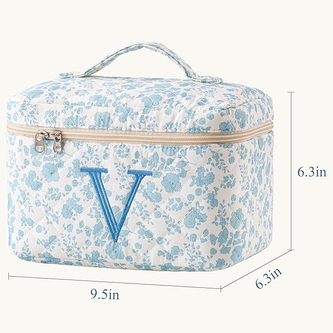HBselect Initial Quilted Makeup Bag, Cotton Large Travel Makeup Bag, Cute Floral Coquette Make up Bag Cosmetic Bag Toiletry Bag for Women Girls V