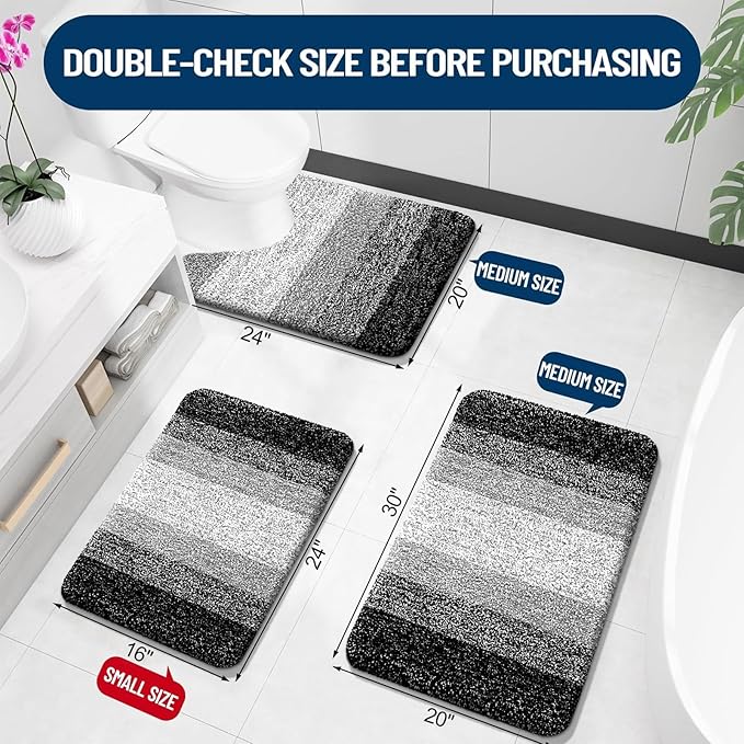 OLANLY Bathroom Rugs Sets 3 Piece, Soft Absorbent Microfiber Bath Mats and U-Shaped Contour Toilet Rug, Plush Shaggy Bath Mat Set for Bathroom (30"x20"+24"x16"+24"x20", Black)