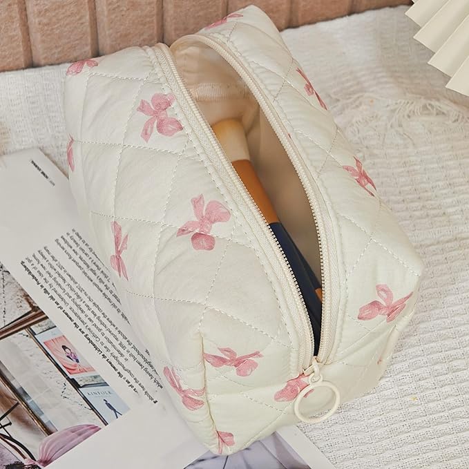 Quilted Makeup Bag Floral Cotton Make up Bag Puffy Coquette Makeup pouch Aesthetic Cute Travel Toiletry Bag for Women Girls