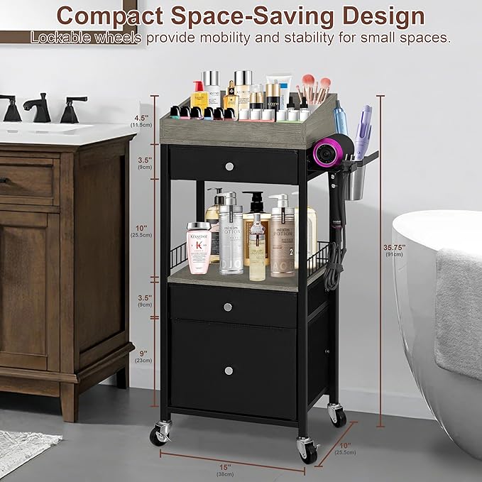 Makeup Organizer Cart with 3 Drawers & Detachable Hair Tool Holder, Rolling Cosmetic Storage Cart with Adjustable Dividers, Lockable Wheels for Bathroom, Bedroom Vanity, Black & Grey