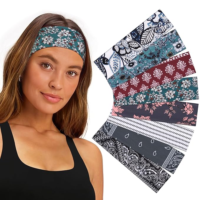 8 Pack Headbands for Women Non Slip - Stylish Sports Hair Bands for Women's Hair - Soft Cotton Cloth Stretchy Headbands for Women for Yoga, Outdoor Exercise Running