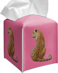 Grace Yonks Cute Tissue Box Cover Square - Leopard Cat Print on Hot Pink Background Design 5.2" PU Leather Holder for Vanity, Desk, or Bathroom Counter - Cube Case for Facial Tissues(015)
